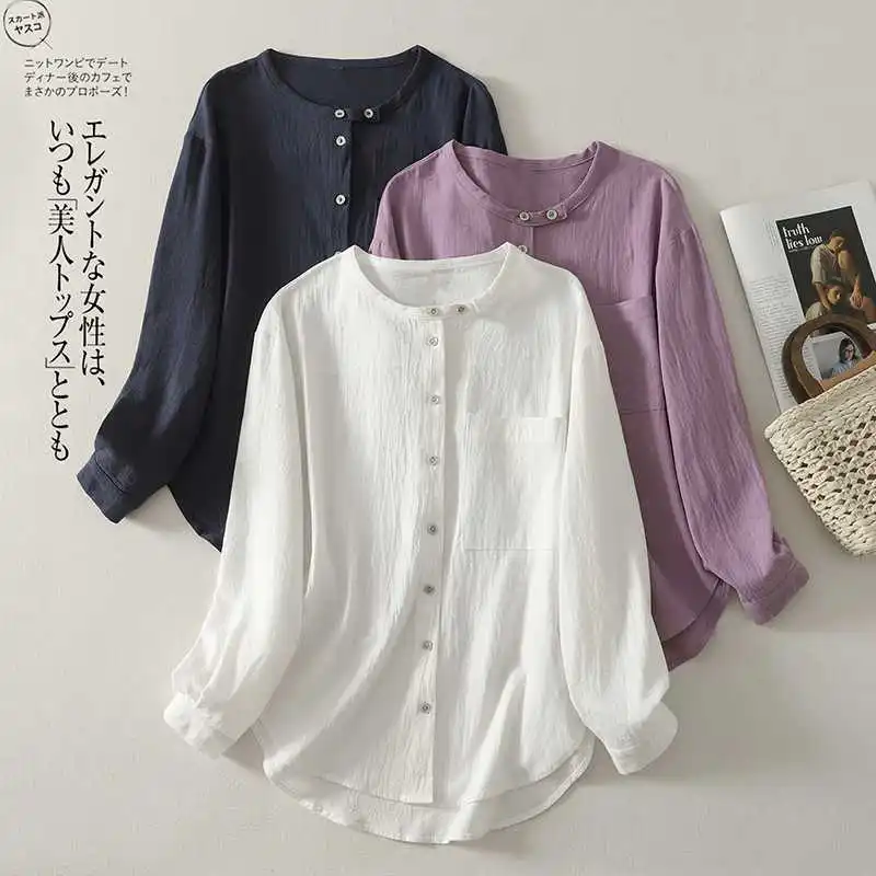 Women Minimalist Art~Round Neck Linen Women's Breathable Loose Shirt Autumn Spring Solid Button Casual Blouse Ladies Clothes
Women Minimalist Art~Round Neck Linen Women's Breathable Loose Shirt Autumn Spring Solid Button Casual Blouse Ladies Clothes