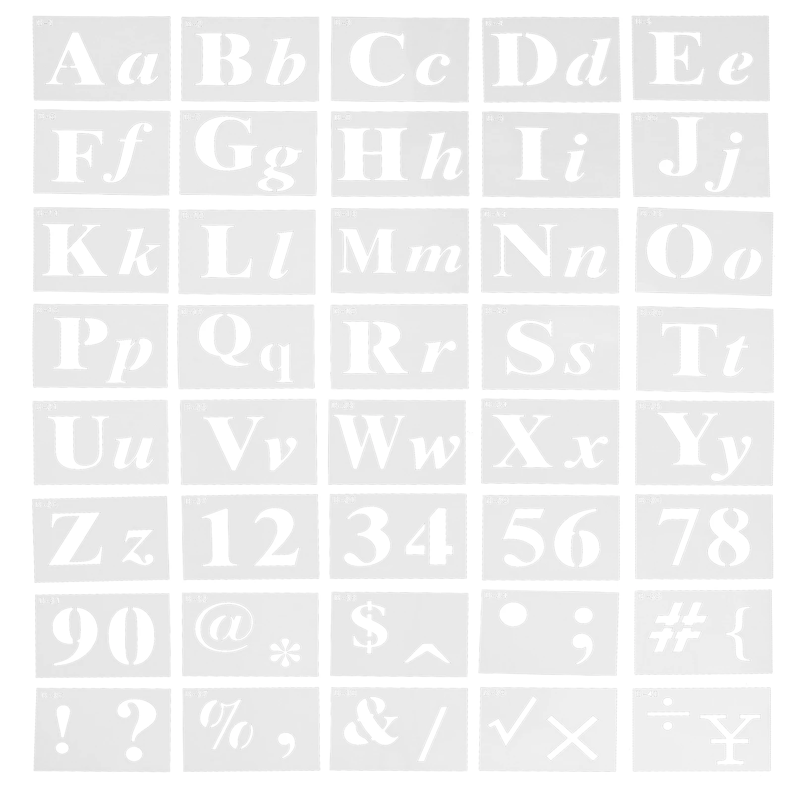 40pcs Alphabet Graffiti Template A5 Plastic DIY Clothing Spray Stencils Letters Numbers Portable Calligraphy Craft
40pcs Alphabet Graffiti Template A5 Plastic DIY Clothing Spray Stencils Letters Numbers Portable Calligraphy Craft