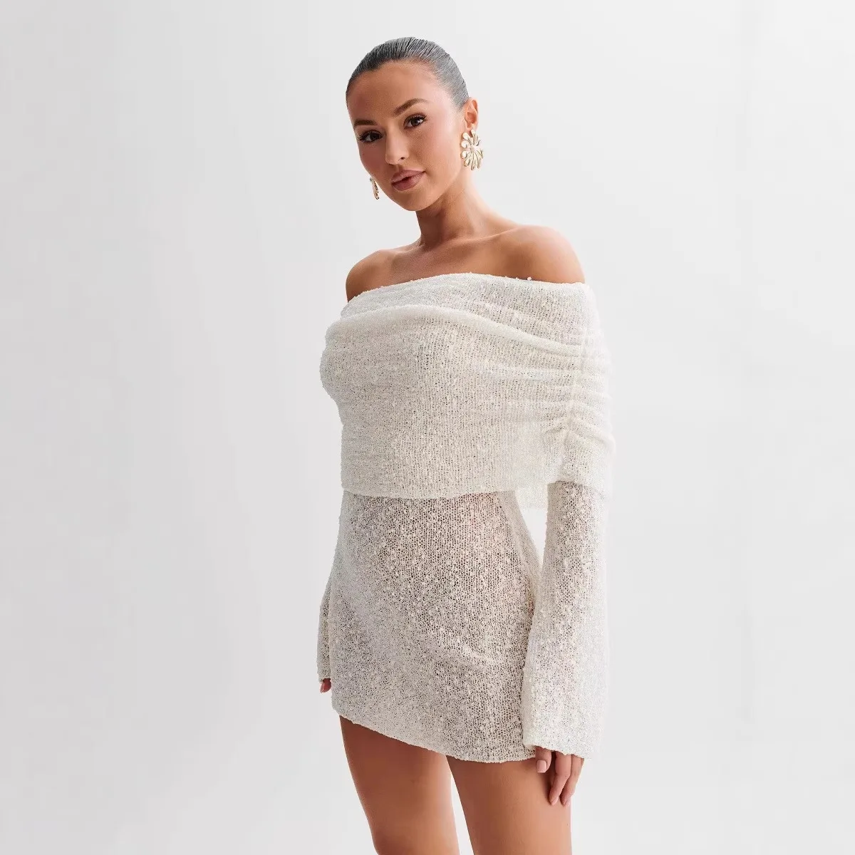 Women's White Off Shoulder Knit Mini Dress Sheer Long Sleeve Ruched Casual Beach Cover-Up Summer Vacation Elegant Party Outfit
Women's White Off Shoulder Knit Mini Dress Sheer Long Sleeve Ruched Casual Beach Cover-Up Summer Vacation Elegant Party Outfit