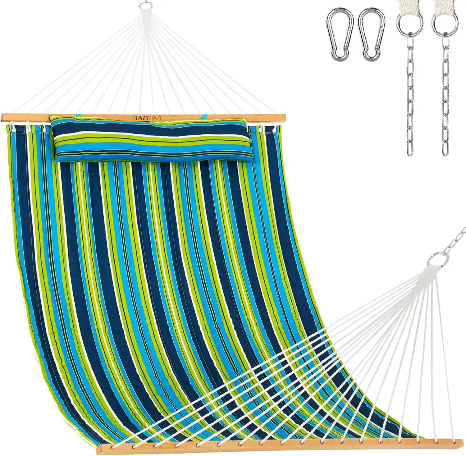 12 FT Quilted Double Hammock with Spreader Bars, Detachable Pillow, 450lbs Capacity, Blue Green Stripes
12 FT Quilted Double Hammock with Spreader Bars, Detachable Pillow, 450lbs Capacity, Blue Green Stripes