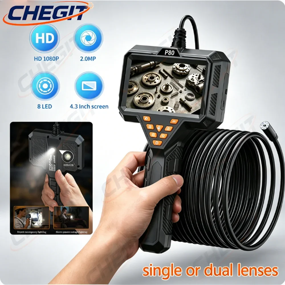 Industrial Endoscope 4.3'' Screen Single Dual Lens Pipe Inspection Borescope 8MM Probe Waterproof Snake Plumbing Camera 8LEDs
Industrial Endoscope 4.3'' Screen Single Dual Lens Pipe Inspection Borescope 8MM Probe Waterproof Snake Plumbing Camera 8LEDs
