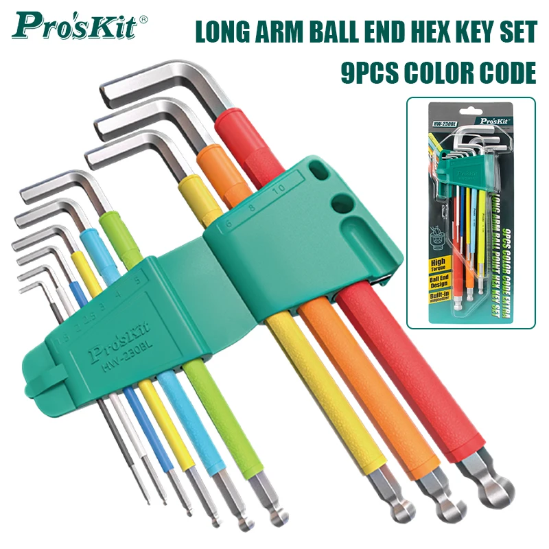 Pro'sKit 9pcs Color Code Long Arm Ball End Hex Key Set S2 Alloy Steel Construction for Disassembly and Maintenance Wrench Tools
Pro'sKit 9pcs Color Code Long Arm Ball End Hex Key Set S2 Alloy Steel Construction for Disassembly and Maintenance Wrench Tools