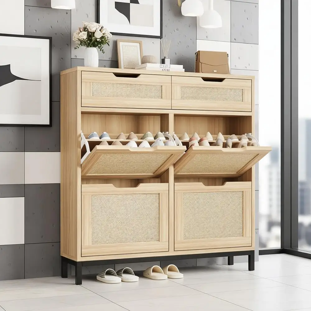 Narrow Freestanding Shoe Cabinet with 4 Flip and 2 Top Drawers for Entryway Storage in Natural Finish
Narrow Freestanding Shoe Cabinet with 4 Flip and 2 Top Drawers for Entryway Storage in Natural Finish