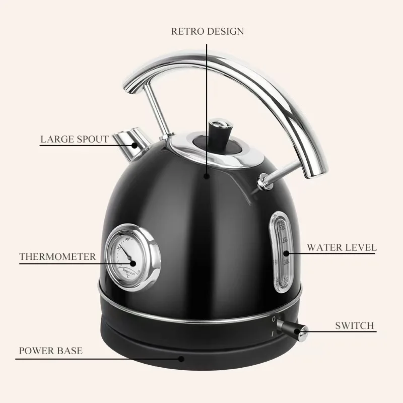 1.8L Retro Portable Stainless Steel Electric Kettle Home Appliance With Cute Design Style Water Kettles
1.8L Retro Portable Stainless Steel Electric Kettle Home Appliance With Cute Design Style Water Kettles