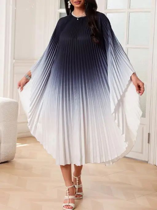 Elegant Organ Pleated Cape Dress for Summer Women with Round Neck, Gradient Color Print, Pleated Batwing Sleeves, Loose Dress
Elegant Organ Pleated Cape Dress for Summer Women with Round Neck, Gradient Color Print, Pleated Batwing Sleeves, Loose Dress