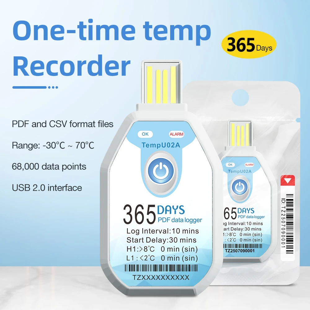 365 Days Temperature Data Logger Waterproof USB Single-use Temp Data Recorder PDF Report with LED Indicator for Cold Transport
365 Days Temperature Data Logger Waterproof USB Single-use Temp Data Recorder PDF Report with LED Indicator for Cold Transport