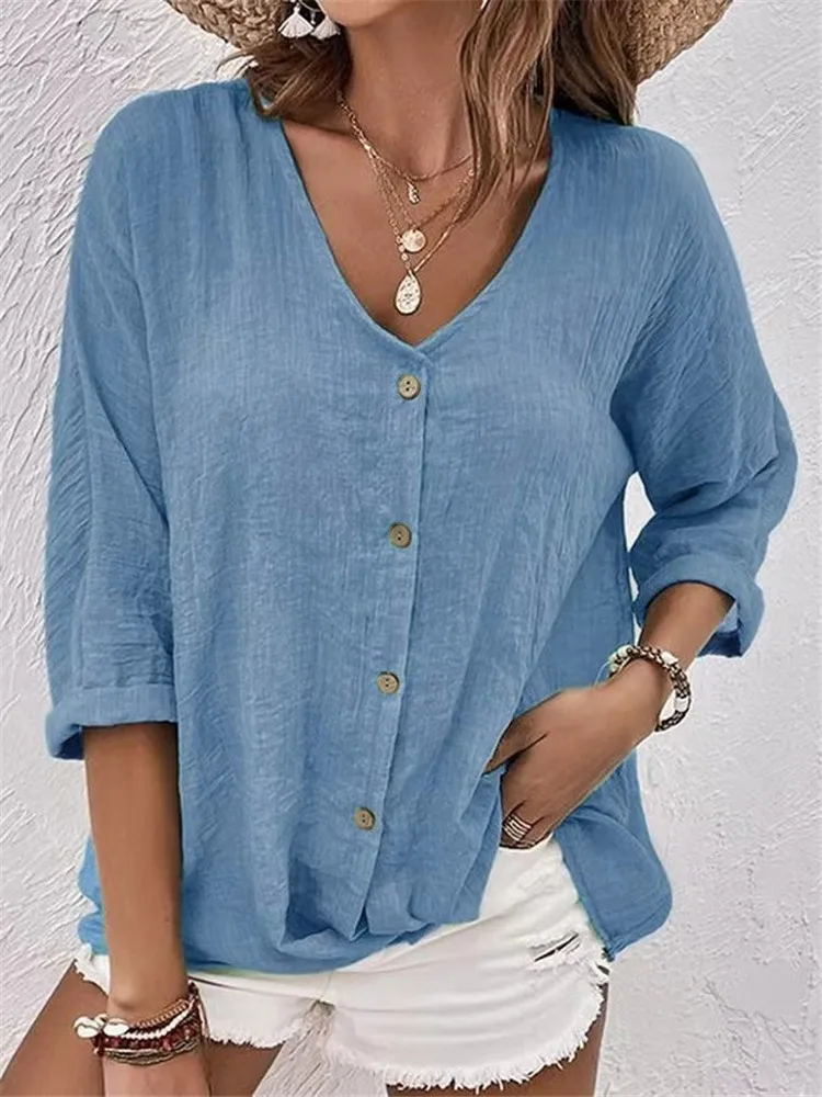 Autumn Solid Short Sleeved Women Shirts Retro Casual V-neck Single Breasted Blouses Elegant Loose Buttons Office Lady Tops
Autumn Solid Short Sleeved Women Shirts Retro Casual V-neck Single Breasted Blouses Elegant Loose Buttons Office Lady Tops