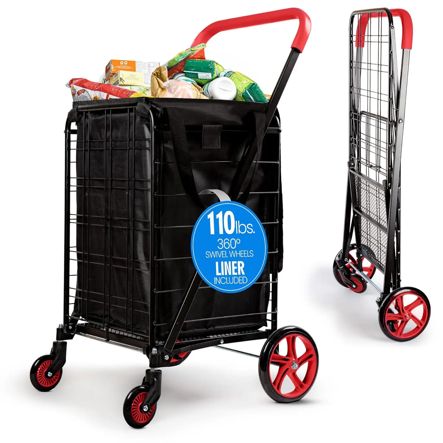 Large Folding Shopping Cart with Removable Liner, Heavy Duty, 360° Swivel Wheels, 110 lb Capacity for Groceries and More
Large Folding Shopping Cart with Removable Liner, Heavy Duty, 360° Swivel Wheels, 110 lb Capacity for Groceries and More