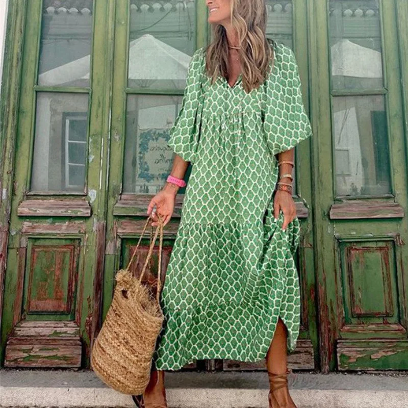 New Abendkleider V-neck Lantern Short-sleeved Fashion Bohemian Printed Geometric Loose Long Skirt Women's Summer New Sweet Dress
New Abendkleider V-neck Lantern Short-sleeved Fashion Bohemian Printed Geometric Loose Long Skirt Women's Summer New Sweet Dress
