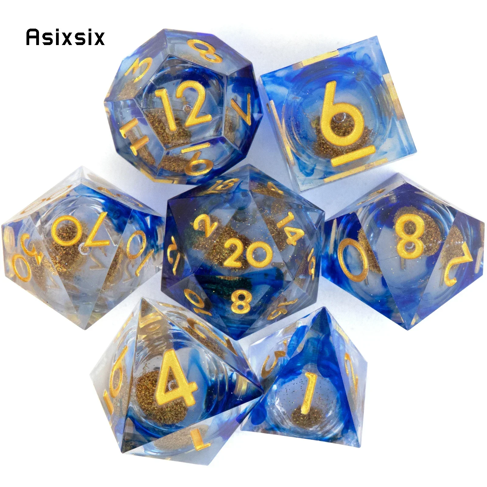 7 Pcs Blue Flowing Sand Golden Number Sharp Edge Resin Dice Polyhedral Dice Suitable For Role-Playing DICE Prop
7 Pcs Blue Flowing Sand Golden Number Sharp Edge Resin Dice Polyhedral Dice Suitable For Role-Playing DICE Prop