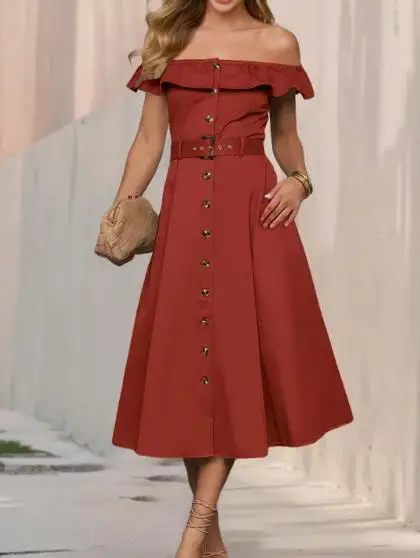 Women's Dress 2025 Fashionable Vintage One-Piece Neckline Dress Slim-Fitting Ruffle Single-Breasted Belt A-Line Skirt 
Women's Dress 2025 Fashionable Vintage One-Piece Neckline Dress Slim-Fitting Ruffle Single-Breasted Belt A-Line Skirt