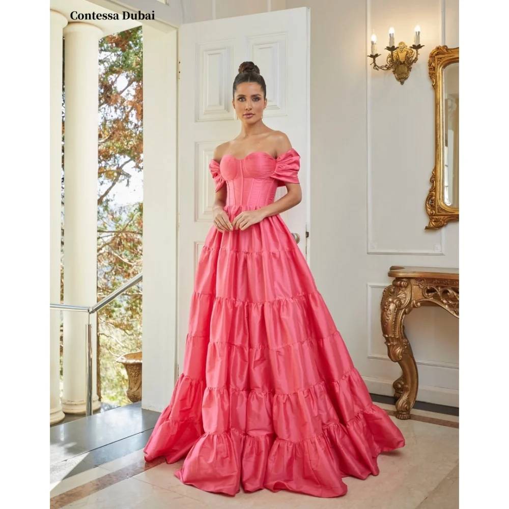 Sansa Dubai Pink Bow Tiered Ruffle Prom Dresses Off Shoulder Customized فساتين سهرات Floor-Length A-line robes de soirée
Sansa Dubai Pink Bow Tiered Ruffle Prom Dresses Off Shoulder Customized فساتين سهرات Floor-Length A-line robes de soirée