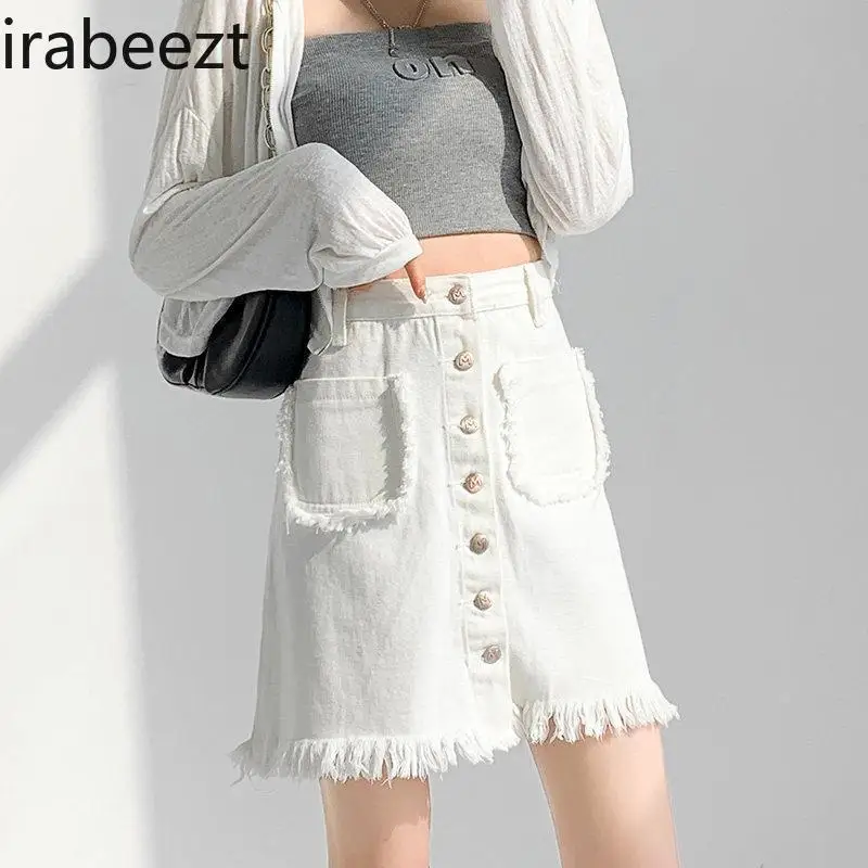 Women's High Waist A-Line White Summer Short Mini Skirt with Raw Hem Button Front Stretch Fitted Casual Streetwear Denim Skirt
Women's High Waist A-Line White Summer Short Mini Skirt with Raw Hem Button Front Stretch Fitted Casual Streetwear Denim Skirt