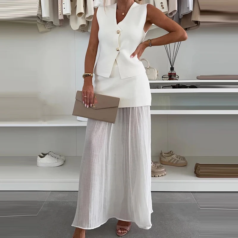 Elegant Patchwork Solid Party Outfits Fashion V-neck Button Vest & Long Skirt Set Women Casual Sleeveless Pleated Slim 2Pc Suits
Elegant Patchwork Solid Party Outfits Fashion V-neck Button Vest & Long Skirt Set Women Casual Sleeveless Pleated Slim 2Pc Suits