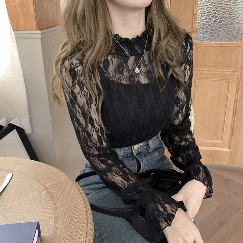 Korean Style Half High Collar Lace Flower Top See Through Blouse Long Sleeved Mesh T-Shirts Dot Ins Beach Shirts Summer
Korean Style Half High Collar Lace Flower Top See Through Blouse Long Sleeved Mesh T-Shirts Dot Ins Beach Shirts Summer