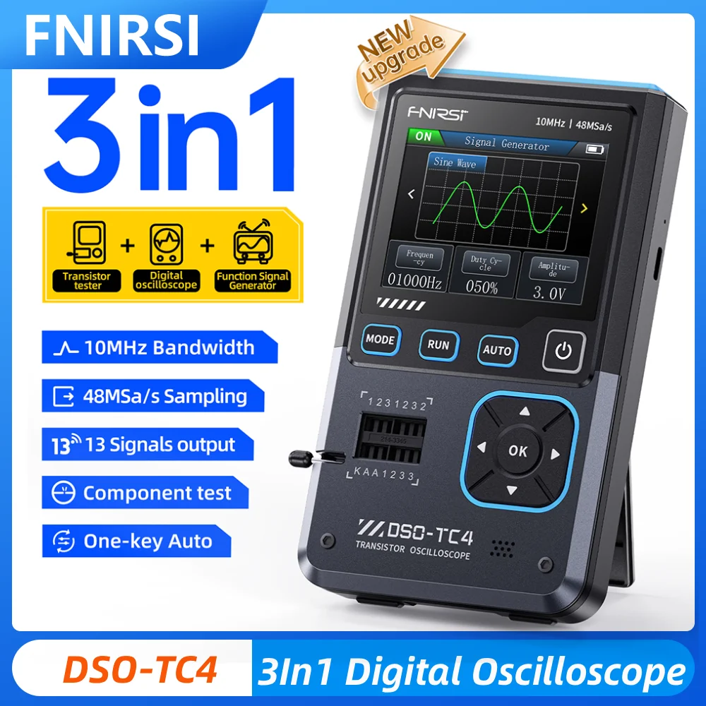 FNIRSI DSO-TC4 Digital Oscilloscope 10MHz Bandwidth 48MSa/s Sampling Rate 3IN1 3.7V/1500mAh Multimeter Transistor Tester
FNIRSI DSO-TC4 Digital Oscilloscope 10MHz Bandwidth 48MSa/s Sampling Rate 3IN1 3.7V/1500mAh Multimeter Transistor Tester