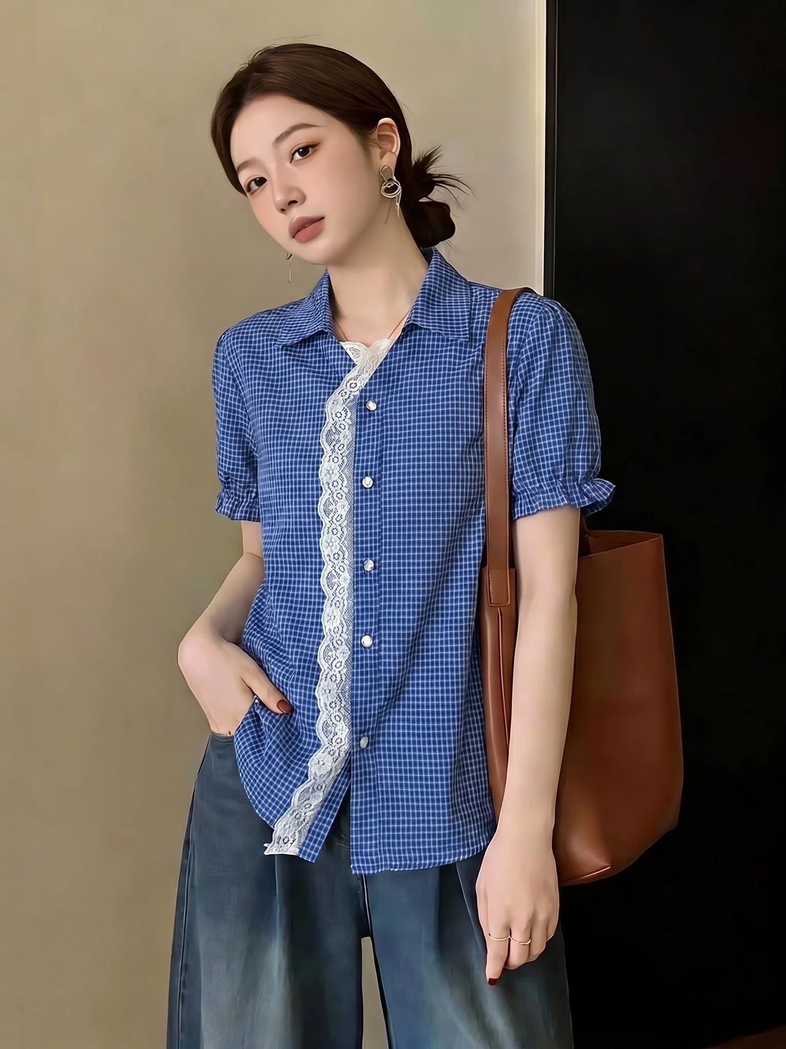 Blue Plaid Short Sleeve Shirt Women's Summer New Large Size Micro Plump MM Flared Sleeve Top Lace Trim Shoulder Korean Style
Blue Plaid Short Sleeve Shirt Women's Summer New Large Size Micro Plump MM Flared Sleeve Top Lace Trim Shoulder Korean Style