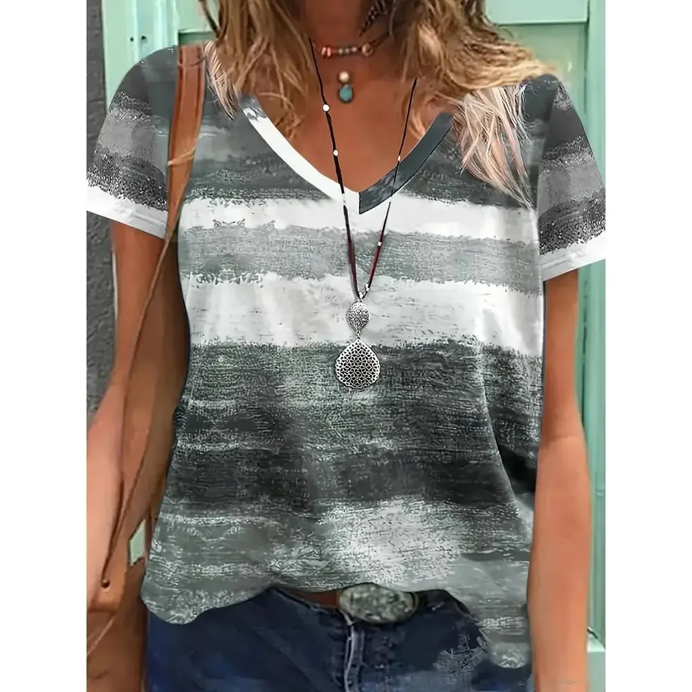 Retro T-shirt for women summer casual short-sleeved T-shirt fashionable V-neck striped print clothing women's T-shirt
Retro T-shirt for women summer casual short-sleeved T-shirt fashionable V-neck striped print clothing women's T-shirt