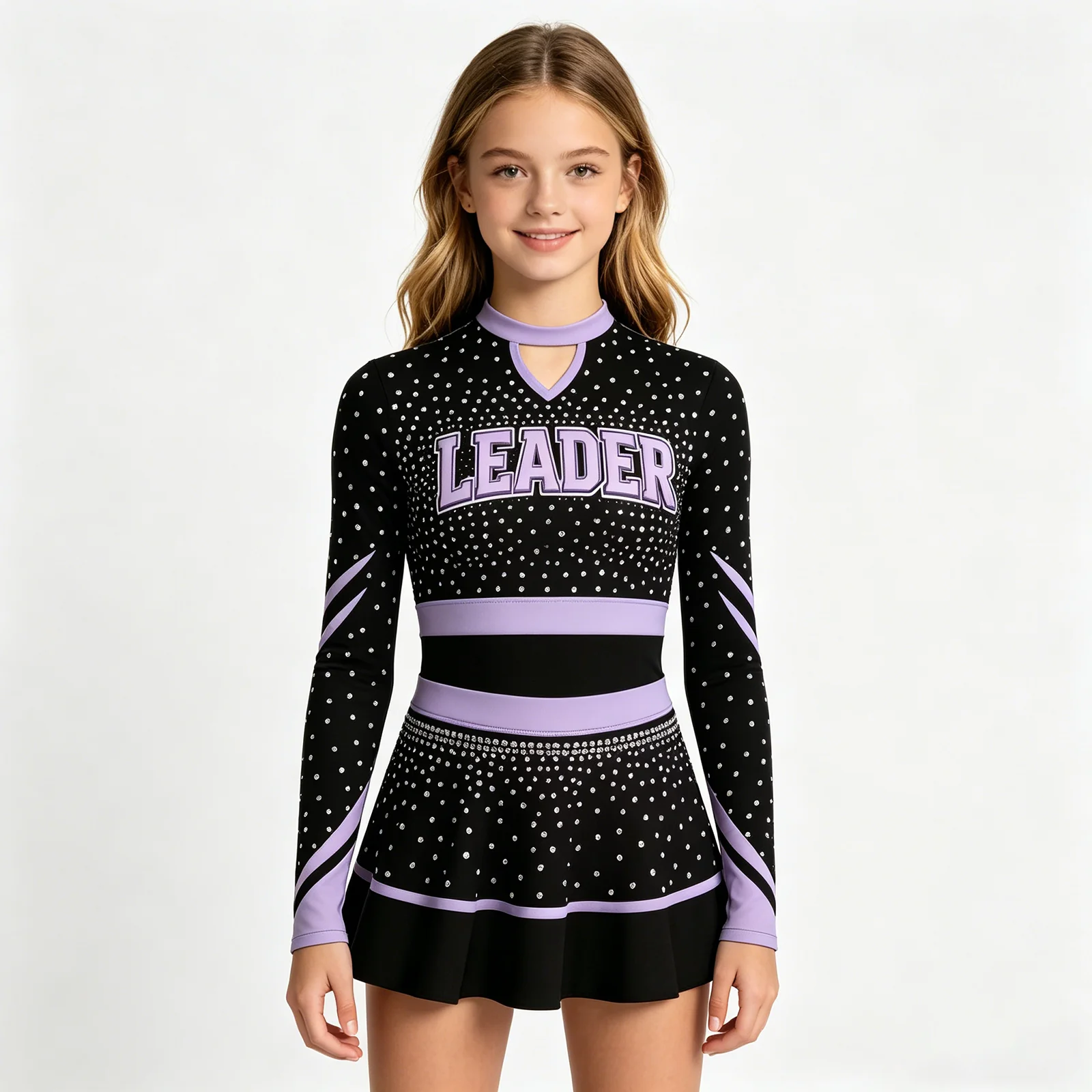 Girls CheerLeader Uniform Long Sleeve Rhinestone Sparkly Cheerleading Dress Black Purple Performance Dance Costume Kids Outfit
Girls CheerLeader Uniform Long Sleeve Rhinestone Sparkly Cheerleading Dress Black Purple Performance Dance Costume Kids Outfit