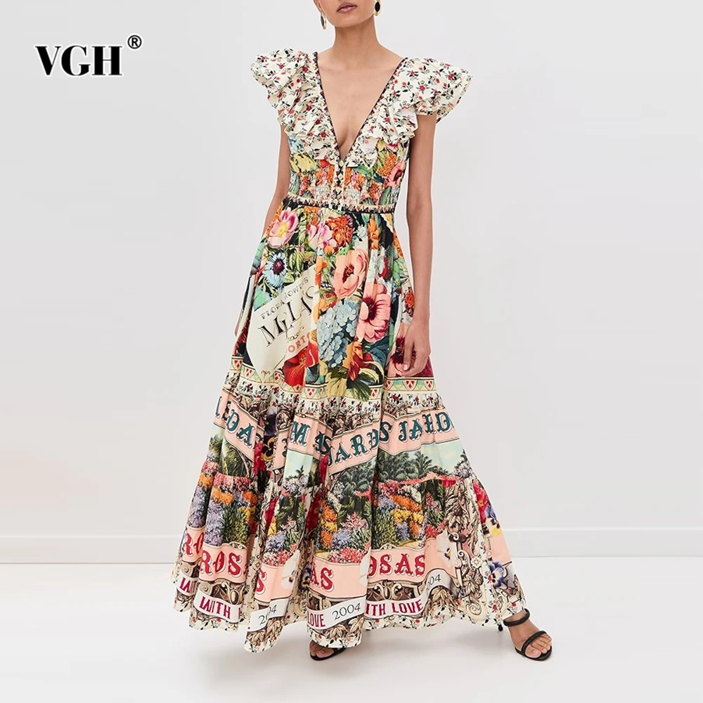 VGH Vintage Slimming Printing Long Dresses For Women V Neck Sleeveless High Waist Spring Temperament Dress Female Fashion New
VGH Vintage Slimming Printing Long Dresses For Women V Neck Sleeveless High Waist Spring Temperament Dress Female Fashion New
