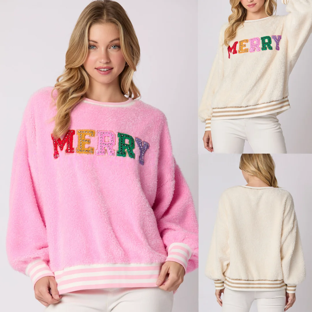 Розовый рождественский свитер с надписью MARRY, пуловер с длинными рукавами и стразами, толстовка с круглым вырезом, верхняя одежда, домашняя одежда, подарки для женщин
Розовый рождественский свитер с надписью MARRY, пуловер с длинными рукавами и стразами, толстовка с круглым вырезом, верхняя одежда, домашняя одежда, подарки для женщин