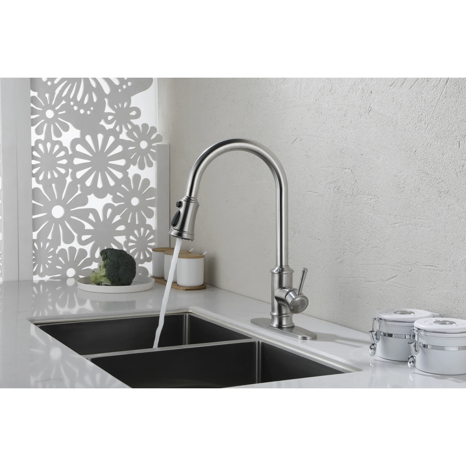 High Arc Brushed Nickel Pull Out Kitchen Faucet with Stainless Steel Sink Faucet and Pull Down Sprayer
High Arc Brushed Nickel Pull Out Kitchen Faucet with Stainless Steel Sink Faucet and Pull Down Sprayer
