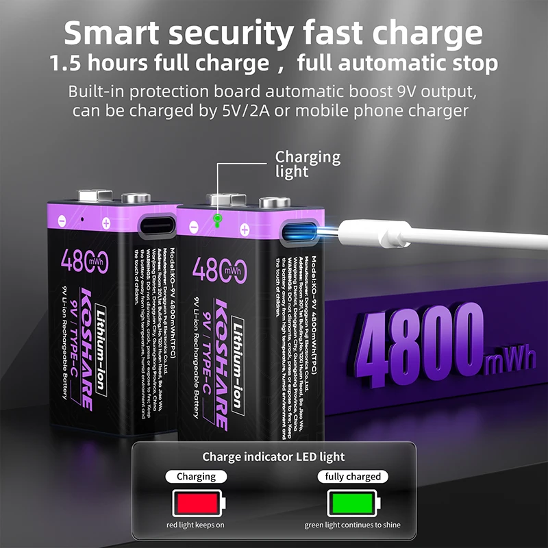 KOSHARE USB Rechargeable 9V Battery with Type-C Port Charging High Capacity 4800mWh Lithium Batteries For Smoke Alarm Multimeter
KOSHARE USB Rechargeable 9V Battery with Type-C Port Charging High Capacity 4800mWh Lithium Batteries For Smoke Alarm Multimeter