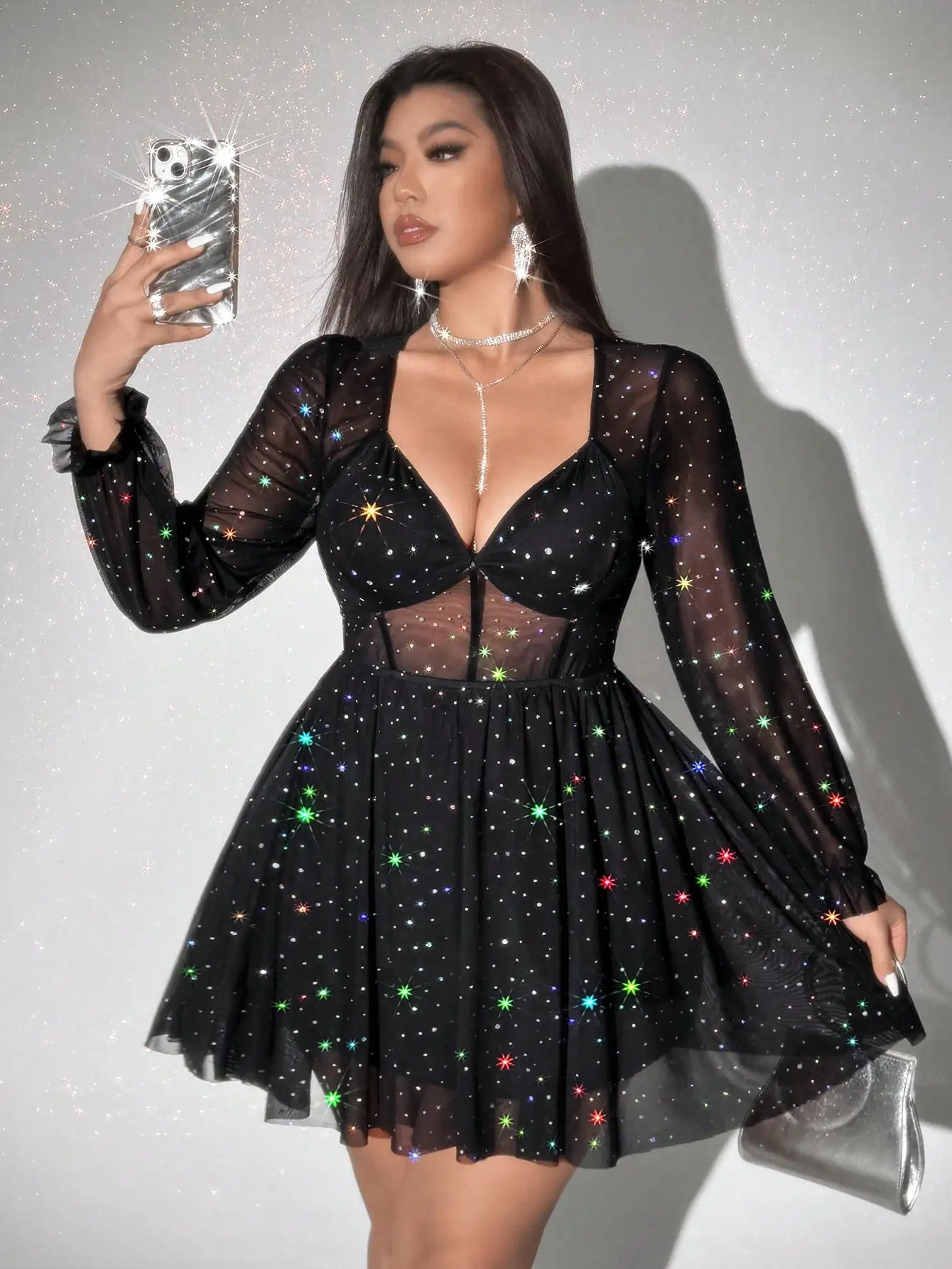 Plus Size V-Neck Long Sleeve Sheer Star Sequin A-Line Mini Dress For Evening Party
Plus Size V-Neck Long Sleeve Sheer Star Sequin A-Line Mini Dress For Evening Party