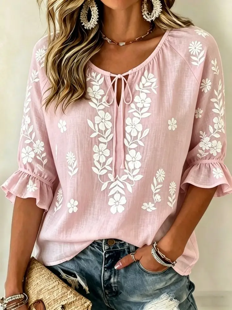Women's Pink Floral Embroidered Tie Neck Blouse, Casual Loose Tops for Spring Summer Daily Wear & Vacation Occasions
Women's Pink Floral Embroidered Tie Neck Blouse, Casual Loose Tops for Spring Summer Daily Wear & Vacation Occasions