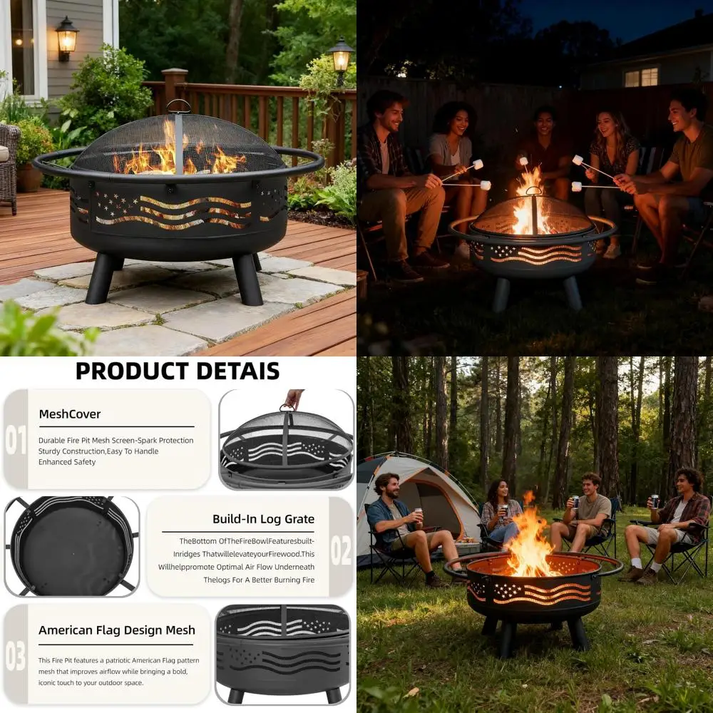 Round Metal Wood Burning Outdoor Fire Pit with Mesh Cover and Poker, 32 Inch American Flag Design Patio Garden Backyard Firepit
Round Metal Wood Burning Outdoor Fire Pit with Mesh Cover and Poker, 32 Inch American Flag Design Patio Garden Backyard Firepit