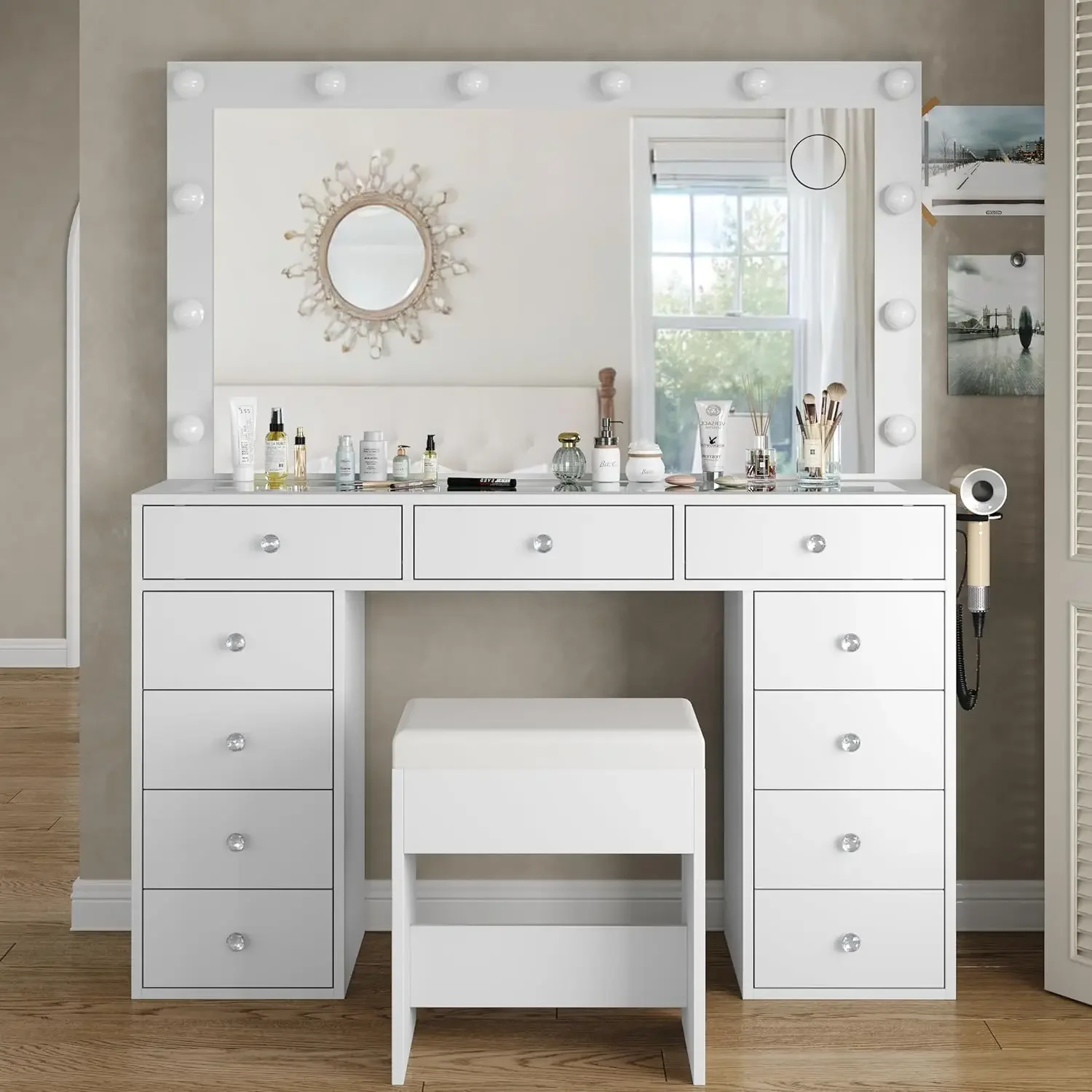 Vanity Desk with 12 LED Lights & Mirror, 11-Drawer Makeup Table Set with Chair, Adjustable Brightness (White)
Vanity Desk with 12 LED Lights & Mirror, 11-Drawer Makeup Table Set with Chair, Adjustable Brightness (White)
