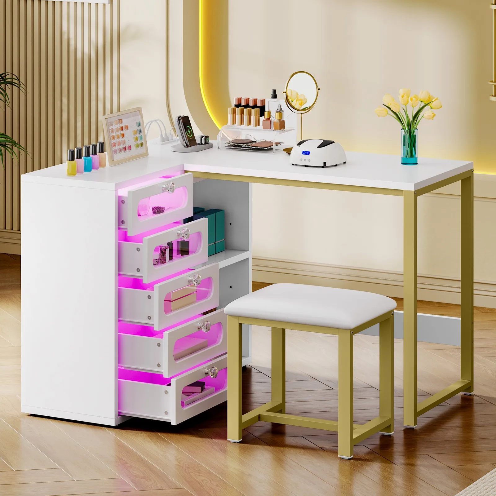 Nail Desk Set with Cushioned Stool Corner Manicure Table w/5 Drawers & LED Light
Nail Desk Set with Cushioned Stool Corner Manicure Table w/5 Drawers & LED Light