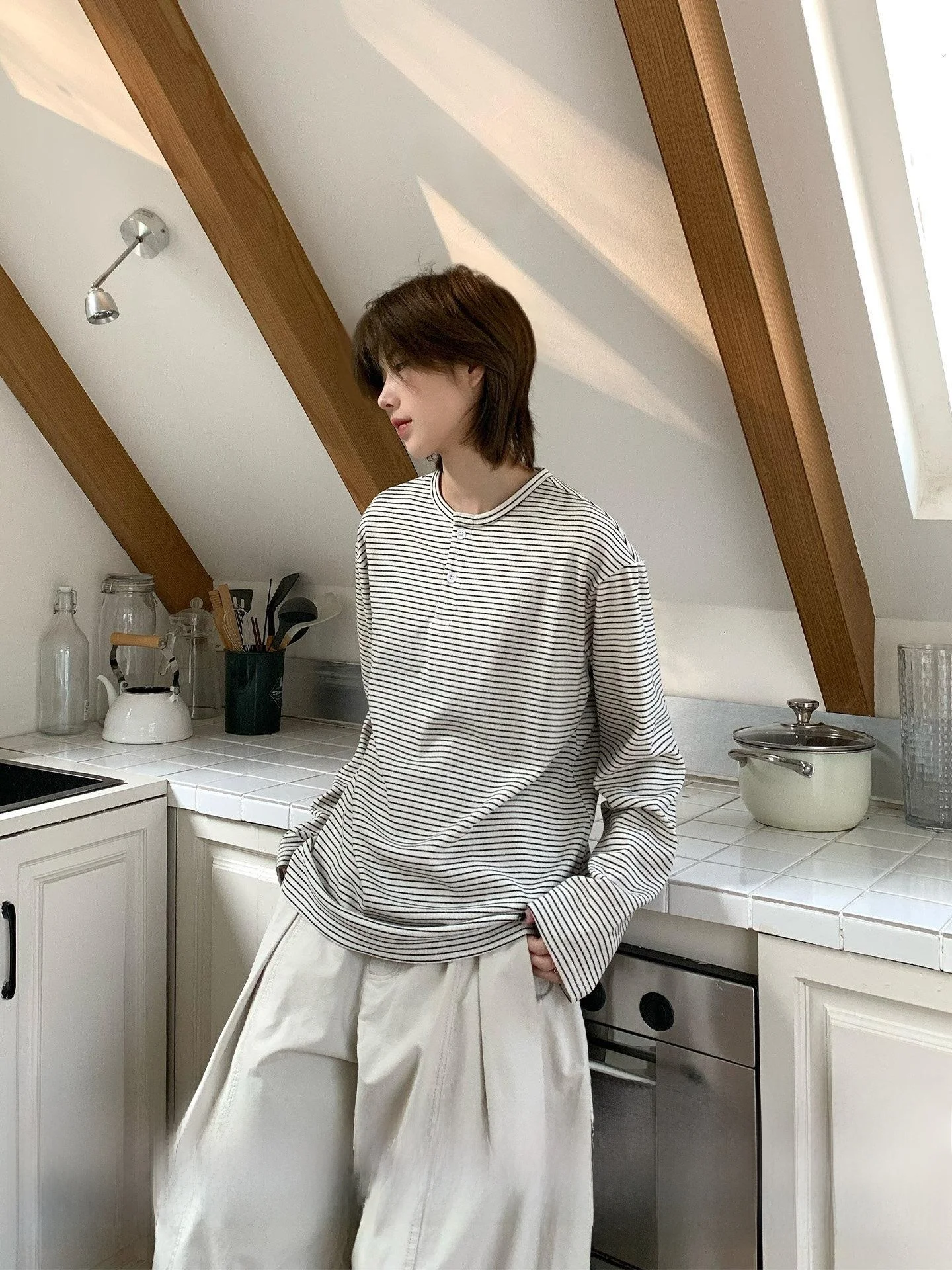 Casual Striped Long Sleeve Unisex Henry Collar Top for Couples Ja1 Never Stays up Late Lazy Style Japanese Feel Polyester Blend
Casual Striped Long Sleeve Unisex Henry Collar Top for Couples Ja1 Never Stays up Late Lazy Style Japanese Feel Polyester Blend