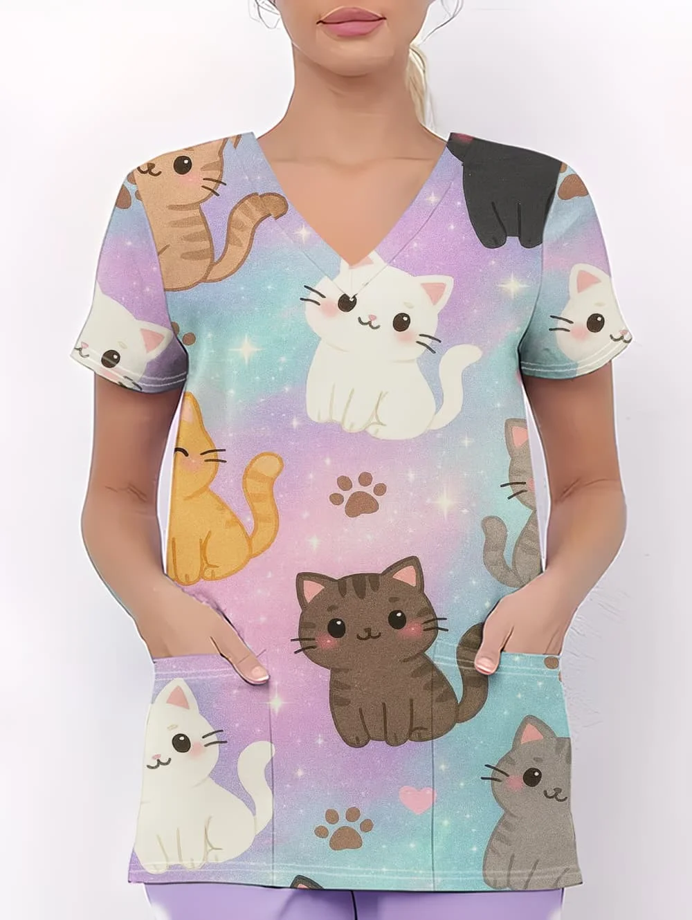 Clinical Uniform Woman Cute Cat Cartoon Printed Fashion Microelastic Short Sleeve Scrubs Woman Casual V-Neck Vet Medical Clothes
Clinical Uniform Woman Cute Cat Cartoon Printed Fashion Microelastic Short Sleeve Scrubs Woman Casual V-Neck Vet Medical Clothes