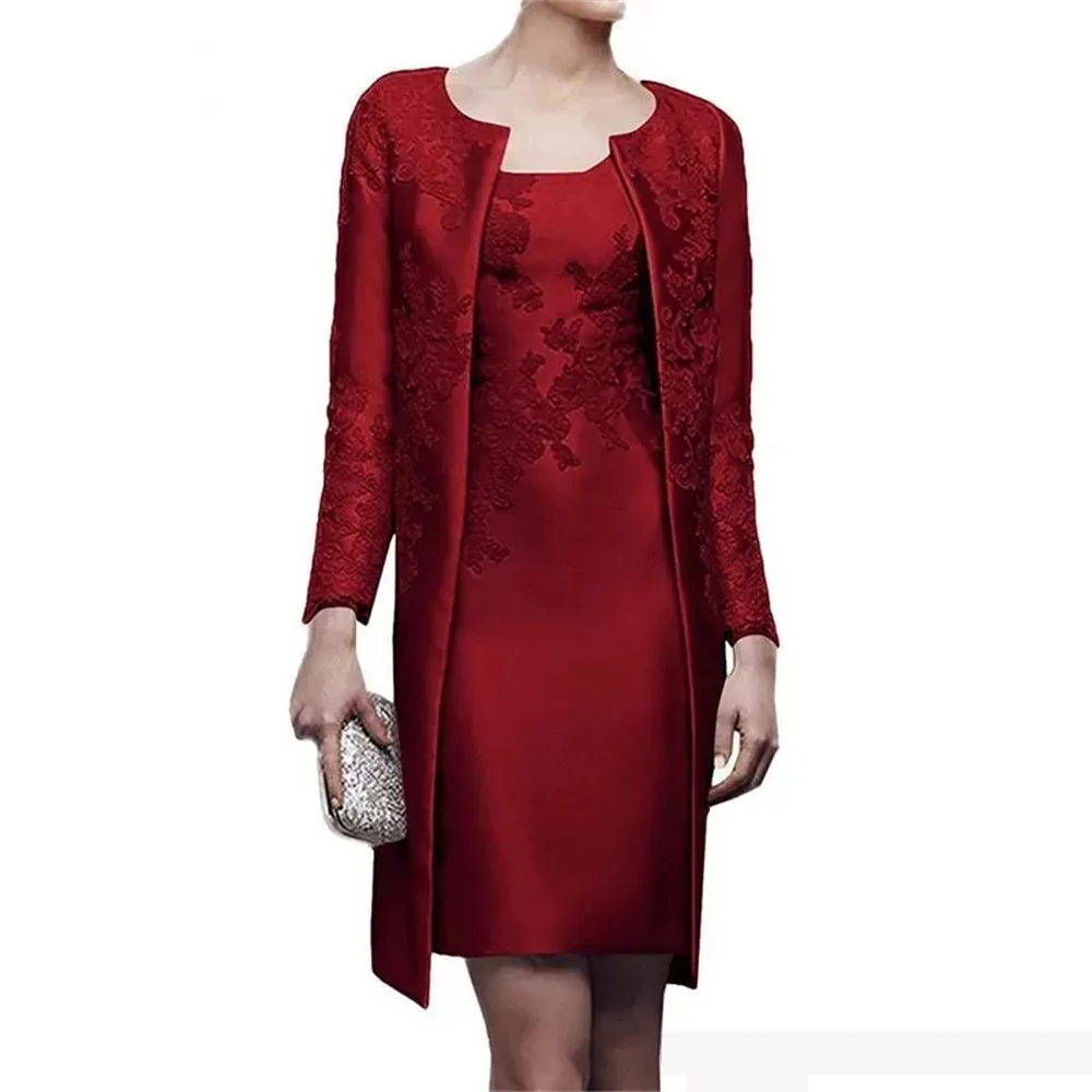 Two-Piece Short Mother of The Bride Dresses Wedding Party Dresses Scoop Neck Long Sleeve Solid Color Satin with Lace Appliques
Two-Piece Short Mother of The Bride Dresses Wedding Party Dresses Scoop Neck Long Sleeve Solid Color Satin with Lace Appliques
