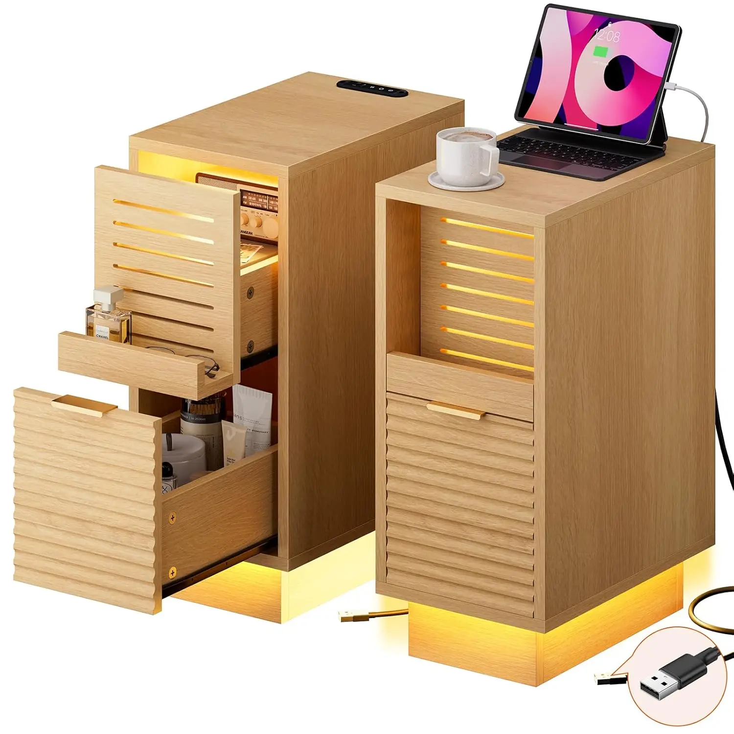 Narrow Fluted Nightstand Set Of 2, Wooden Small 2 Drawers Night Stand With Storage Fluted, LED Slim Bedside Table, Customized
Narrow Fluted Nightstand Set Of 2, Wooden Small 2 Drawers Night Stand With Storage Fluted, LED Slim Bedside Table, Customized
