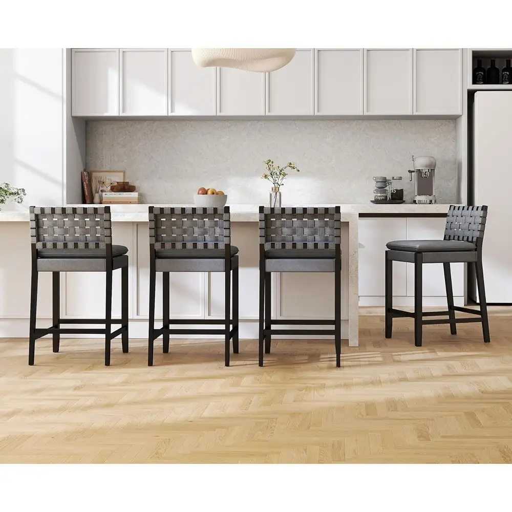 Set of 4 Leather Woven Back Counter Stools, 26 Inch Black Wooden, Grey Upholstered for Kitchen Island or Breakfast Bar
Set of 4 Leather Woven Back Counter Stools, 26 Inch Black Wooden, Grey Upholstered for Kitchen Island or Breakfast Bar