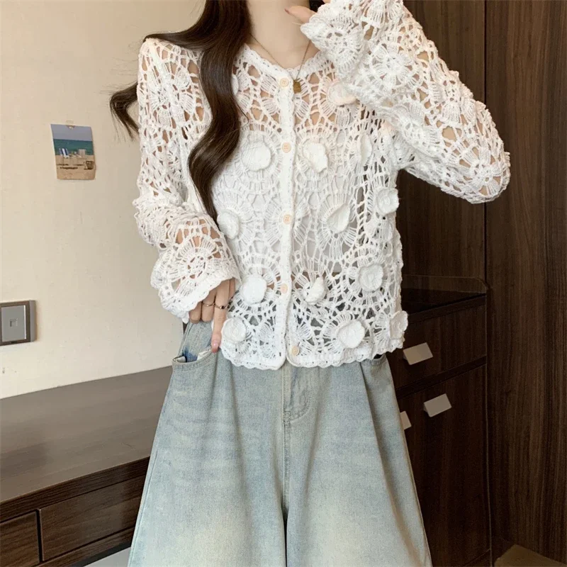 Вязаный крючком кардиган, женский прозрачный открытый вязаный свитер с длинными рукавами на пуговицах, куртка, весна-лето, пляжная одежда в стиле бохо
Вязаный крючком кардиган, женский прозрачный открытый вязаный свитер с длинными рукавами на пуговицах, куртка, весна-лето, пляжная одежда в стиле бохо