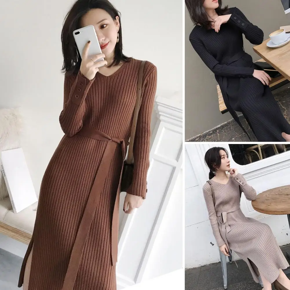 Long-sleeved Dress Elegant V-neck Knitted Dresses for Women Slimming Soft Comfortable for Fall Winter Women Knitted Dress
Long-sleeved Dress Elegant V-neck Knitted Dresses for Women Slimming Soft Comfortable for Fall Winter Women Knitted Dress