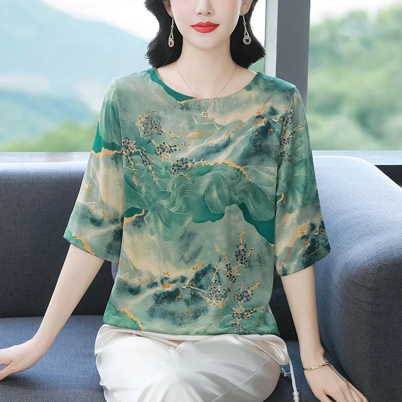 Silk T-irt Faionable Middle-Aged Mom High-End European Sle Small irt Silk Top round Ne ort Sve Women'...
Silk T-irt Faionable Middle-Aged Mom High-End European Sle Small irt Silk Top round Ne ort Sve Women'...