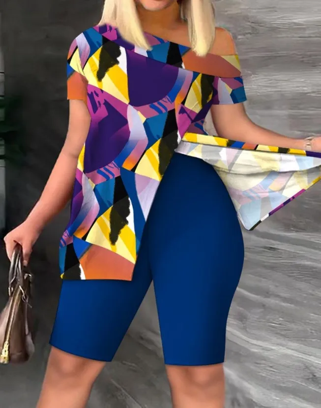 Women Short Sleeved Print Suit skew collar Irregular Shirt Bodycon Shorts New Casual Fashion Sexy Two Piece Set Women's Clothes
Women Short Sleeved Print Suit skew collar Irregular Shirt Bodycon Shorts New Casual Fashion Sexy Two Piece Set Women's Clothes