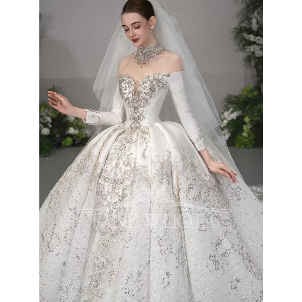 Sweetheart Off The Shoulder Long Sleeves Crystal Sequined Ball Gown Wedding Dress Sexy Bridal Gown Customizable
Sweetheart Off The Shoulder Long Sleeves Crystal Sequined Ball Gown Wedding Dress Sexy Bridal Gown Customizable
