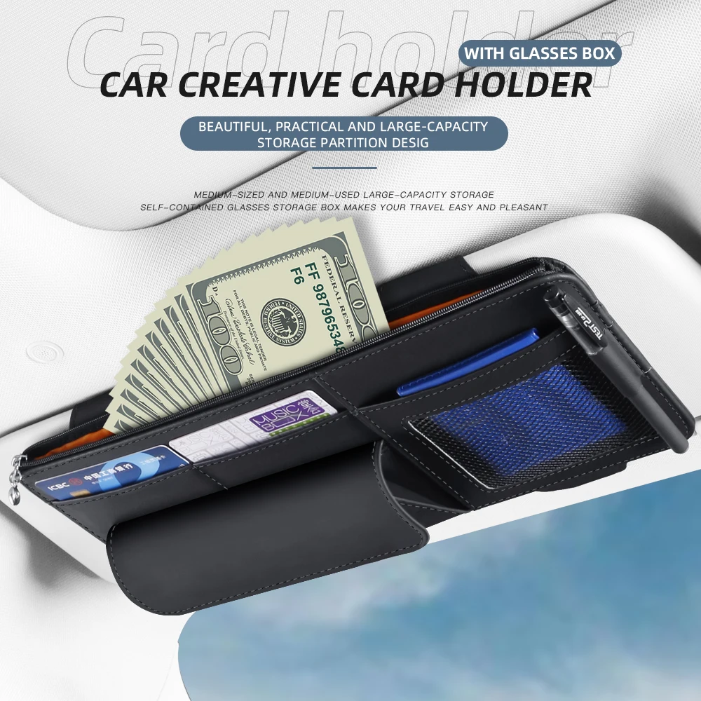 Leather Car Sunglasses Storage Case with Sun Visor Clip Hanging Multifunctional Pouch for Sunglasses, Cards and Tickets
Leather Car Sunglasses Storage Case with Sun Visor Clip Hanging Multifunctional Pouch for Sunglasses, Cards and Tickets
