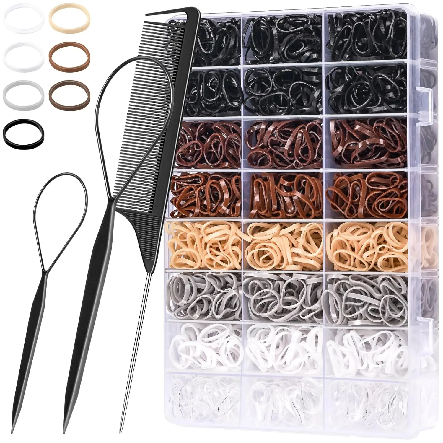 2000pcs Small Hair Ties Set with Organizer Box, 7 Natural Colors Clear Black Brown, Rubber Bands & Rat Tail Comb
2000pcs Small Hair Ties Set with Organizer Box, 7 Natural Colors Clear Black Brown, Rubber Bands & Rat Tail Comb