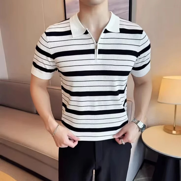 American New Fashion Summer Men's Striped Turn-down Collar Half Zipper Short Sleeve Color-coded Polo Shirts Male Clothes Tops
American New Fashion Summer Men's Striped Turn-down Collar Half Zipper Short Sleeve Color-coded Polo Shirts Male Clothes Tops