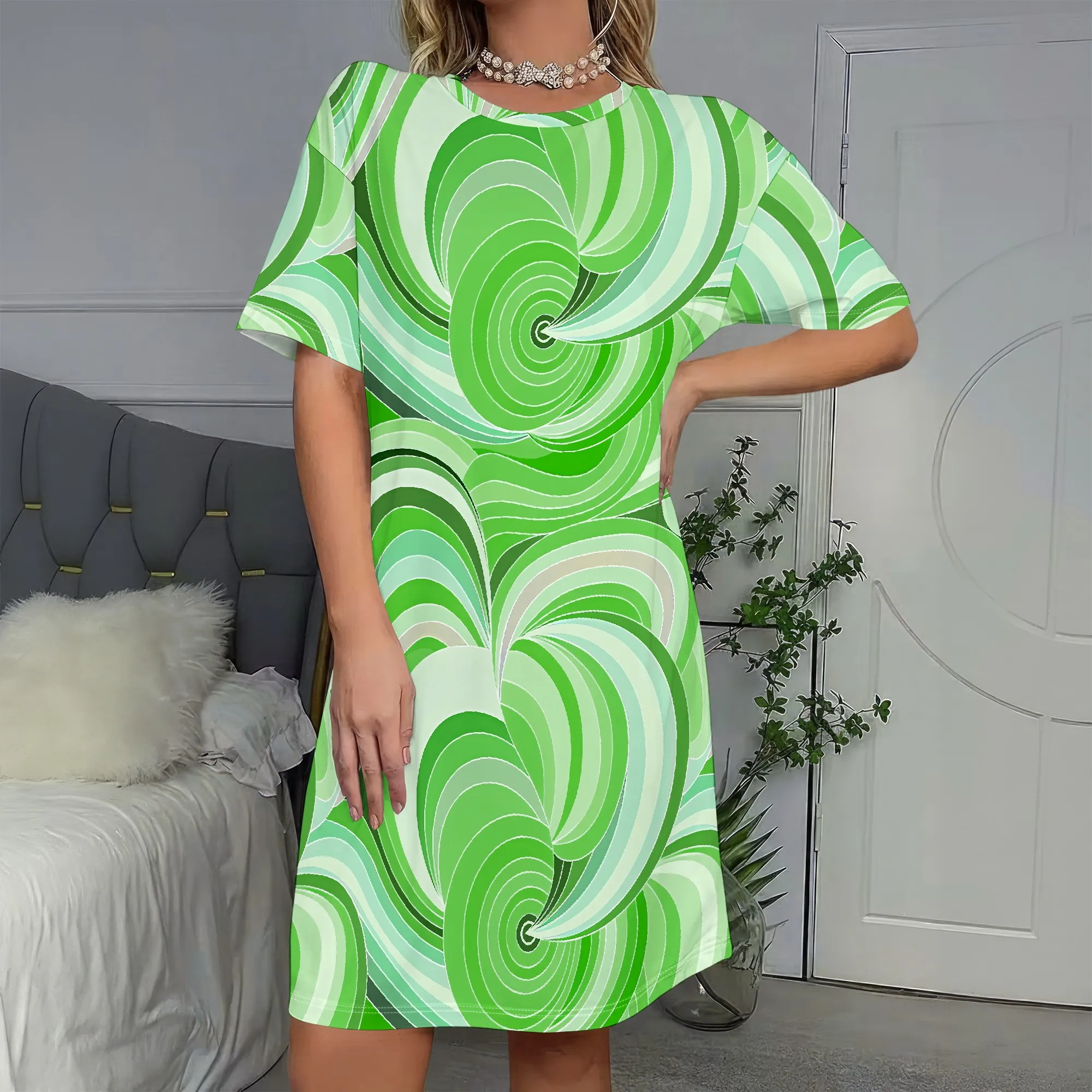 Psychedelic Green Swirls Dress, Abstract Print Short Sleeve, Retro Wave Pattern A-Line, Women's Casual Party Wear S-2XL
Psychedelic Green Swirls Dress, Abstract Print Short Sleeve, Retro Wave Pattern A-Line, Women's Casual Party Wear S-2XL