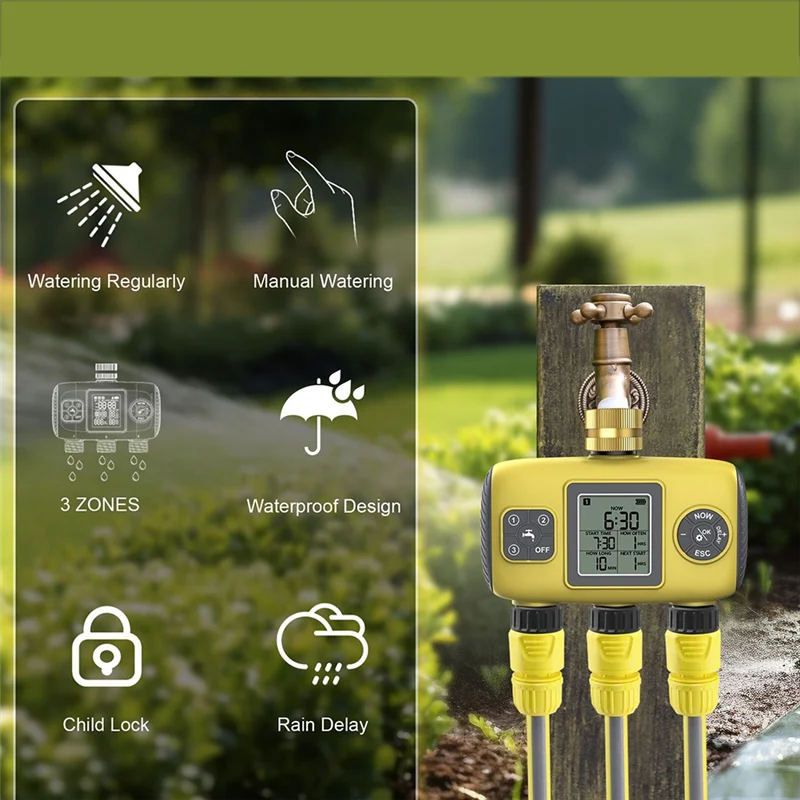 A76X-3-Outlet Automatic Water Timer Garden Irrigation Watering System Independent Control Sprinkler Programmer Tools BSP3/4"
A76X-3-Outlet Automatic Water Timer Garden Irrigation Watering System Independent Control Sprinkler Programmer Tools BSP3/4"