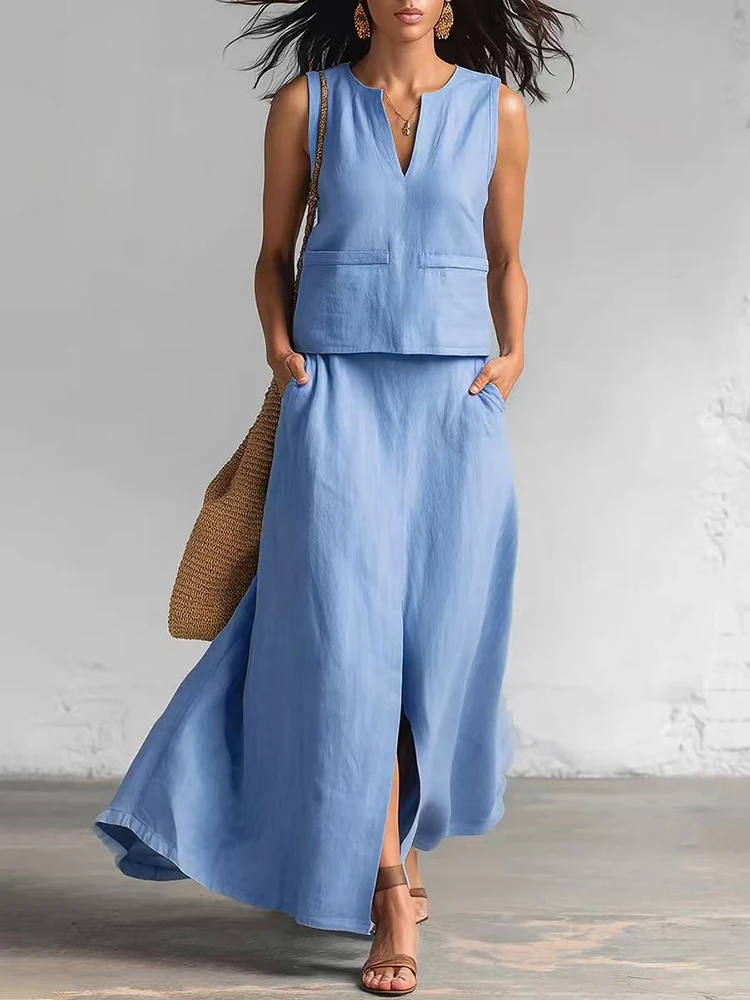 Casual Cotton Linen Solid Two Piece Outfits Women's Elegant Split Loose Long Skirt Suit Sexy V-neck Sleeveless Vest & Skirt Set
Casual Cotton Linen Solid Two Piece Outfits Women's Elegant Split Loose Long Skirt Suit Sexy V-neck Sleeveless Vest & Skirt Set