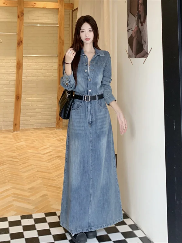 plus Size Retro Hong Kong Style Denim Dress Knee-Length Design Sensation Slimming Waist Design Autumn New Arrival Long Dress
plus Size Retro Hong Kong Style Denim Dress Knee-Length Design Sensation Slimming Waist Design Autumn New Arrival Long Dress