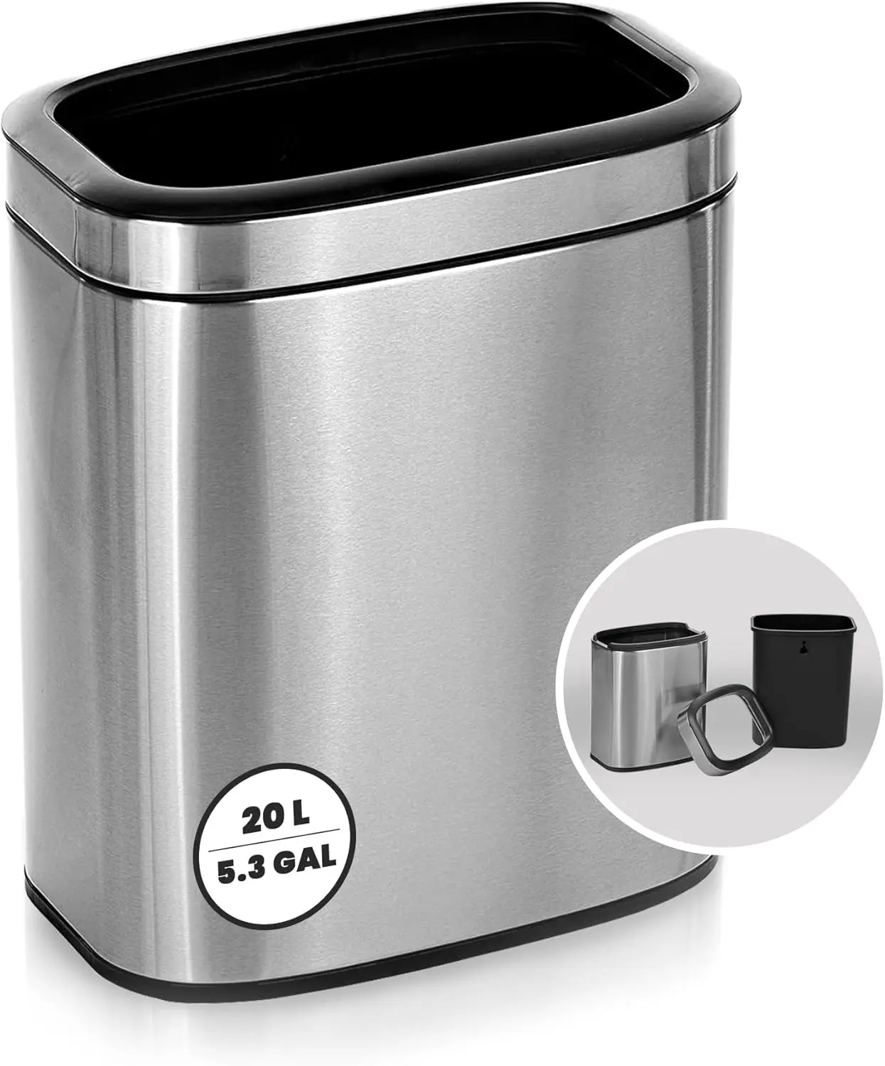 Stainless Steel Open Top Trash Can 5 Gallon - 20L Garbage Can for Kitchen, Bathroom, Office & More with Removable Bin
Stainless Steel Open Top Trash Can 5 Gallon - 20L Garbage Can for Kitchen, Bathroom, Office & More with Removable Bin